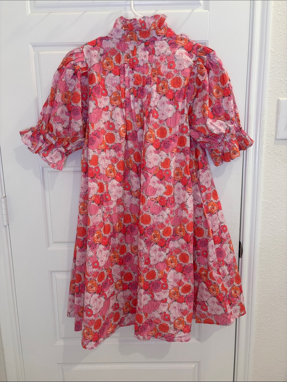 NWT Entro Pink Orange Floral Midi Dress Ruffle Puff Sleeve Cottagecore Boho Smal - Picture 3 of 5
